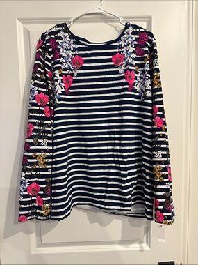 NWT Talbots Navy and White Striped Long-Sleeve Tee with Pink Floral Accents